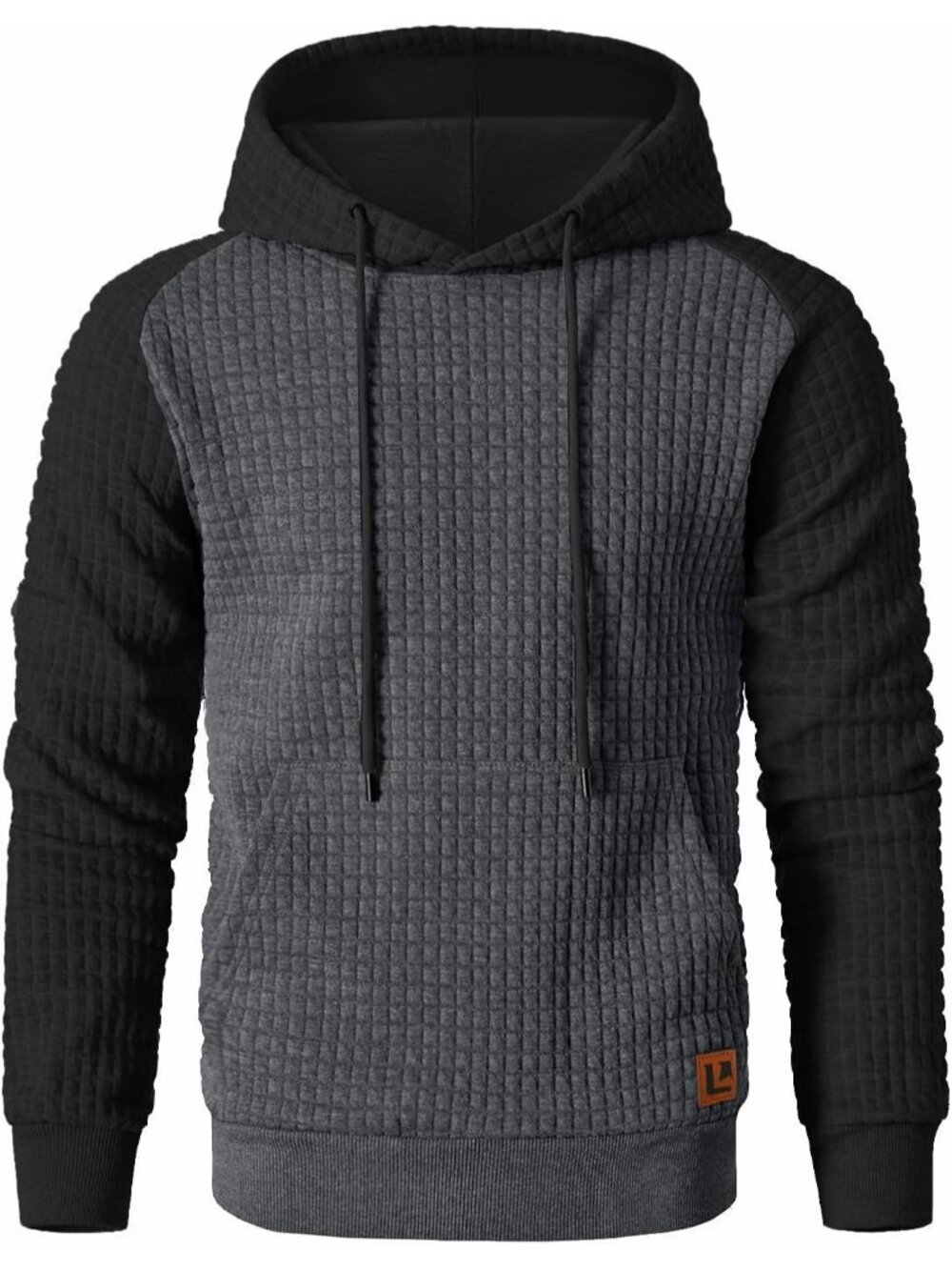 Men Dark Grey Black Pullover Casual Long Sleeve Patchwork Plaid Jacquard Hoodies - Picture 3 of 5